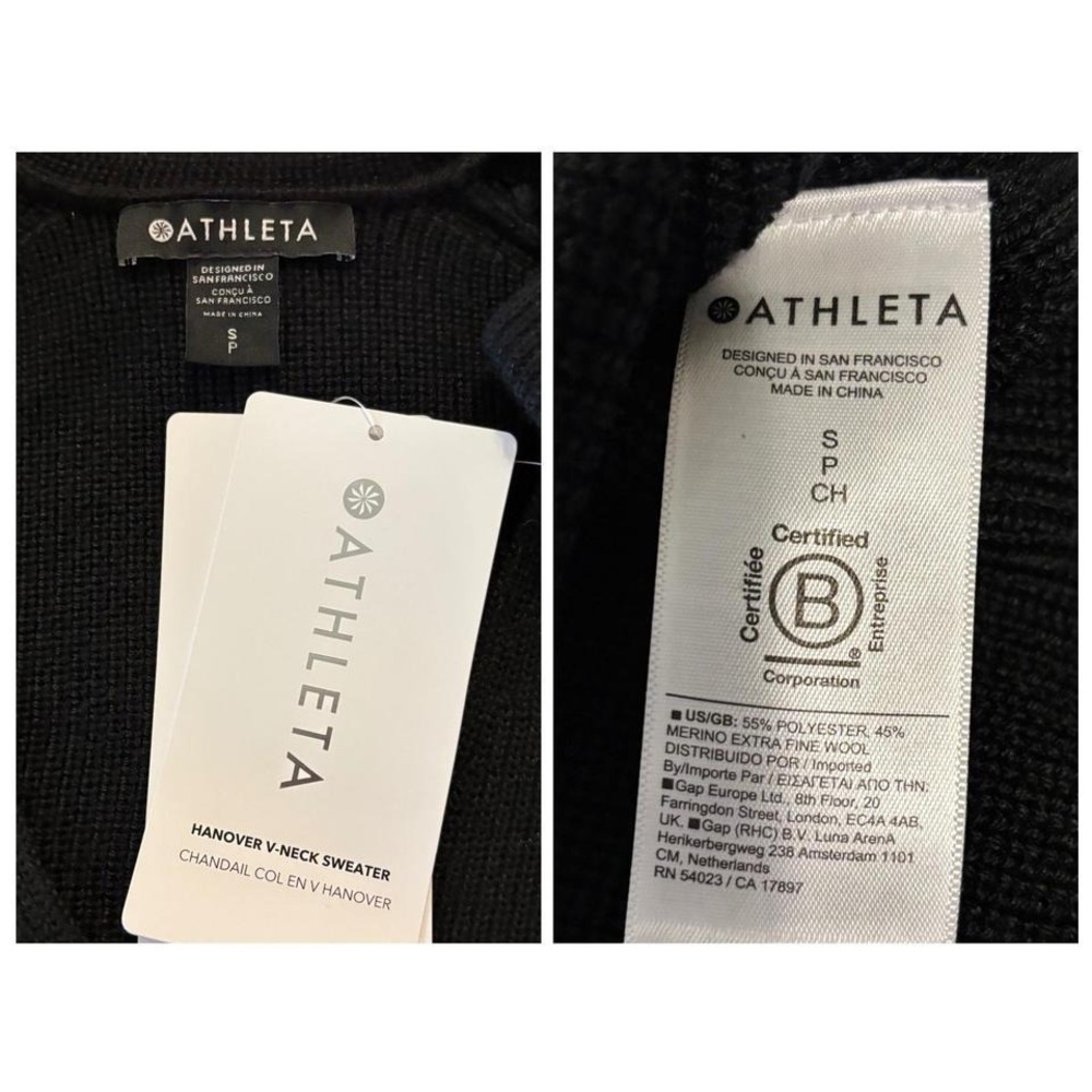 Athleta Hanover V-Neck Sweater Women Small Black Ribbed Merino Wool Blend - Picture 7 of 7